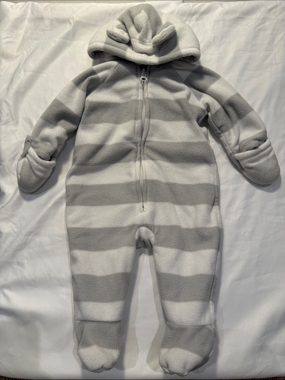Old Navy Fleece Bear Ear Footed Pram Bunting Suit Grey White Stripe 3-6M